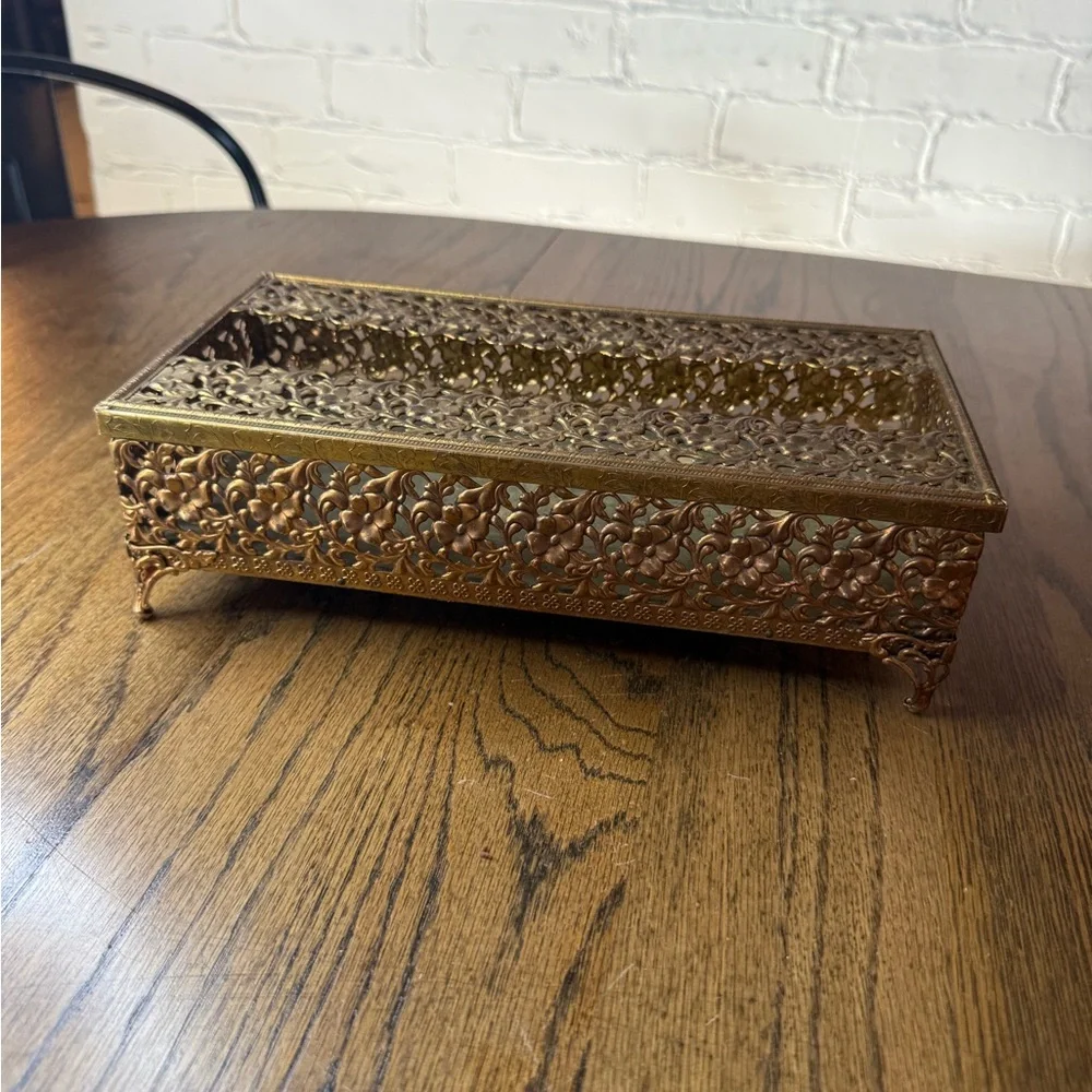 Vintage Hollywood Regency Gold-Tone Filigree Tissue Box Cover Jordan Marsh